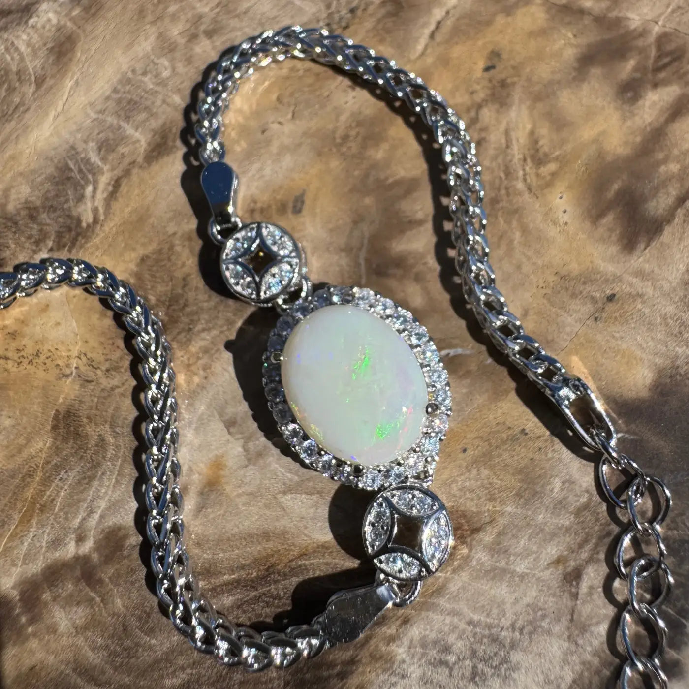 Silver opal and diamond necklace featured in a handcrafted 925 sterling silver bracelet