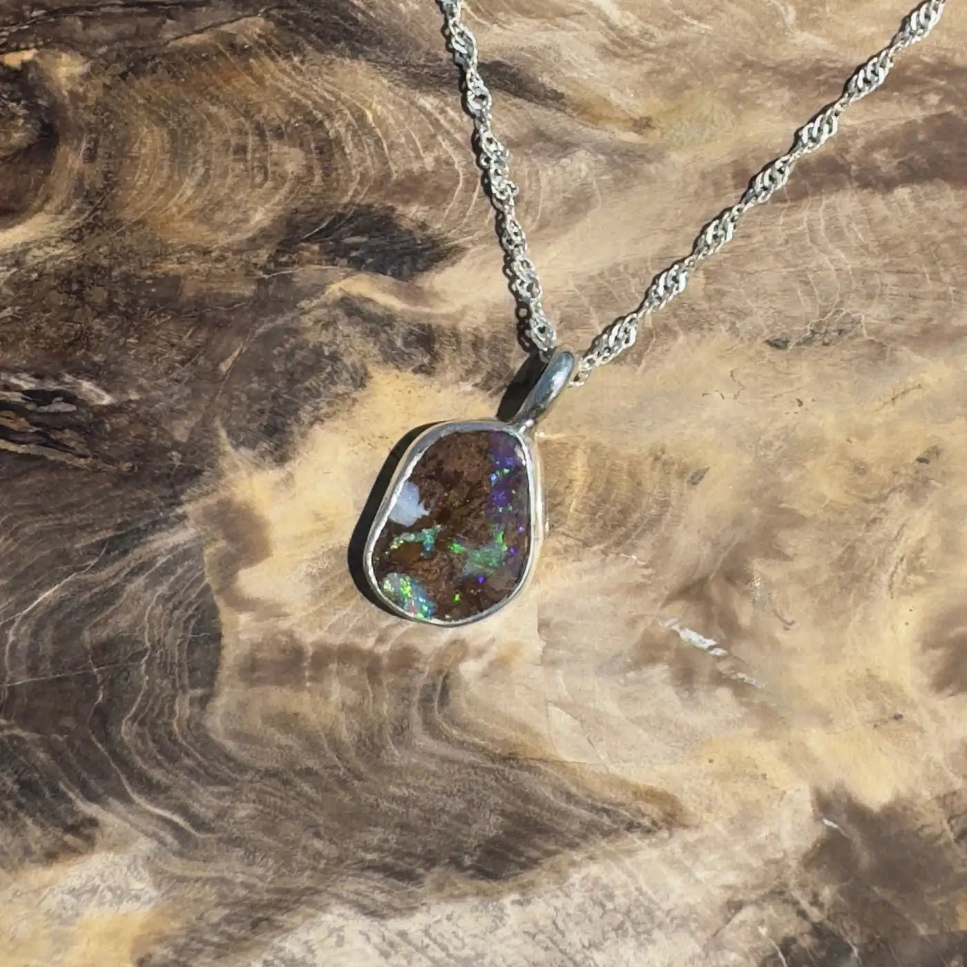 Handcrafted 6.8ct Solid Queensland Boulder Opal Sterling Silver Pendant Necklace
