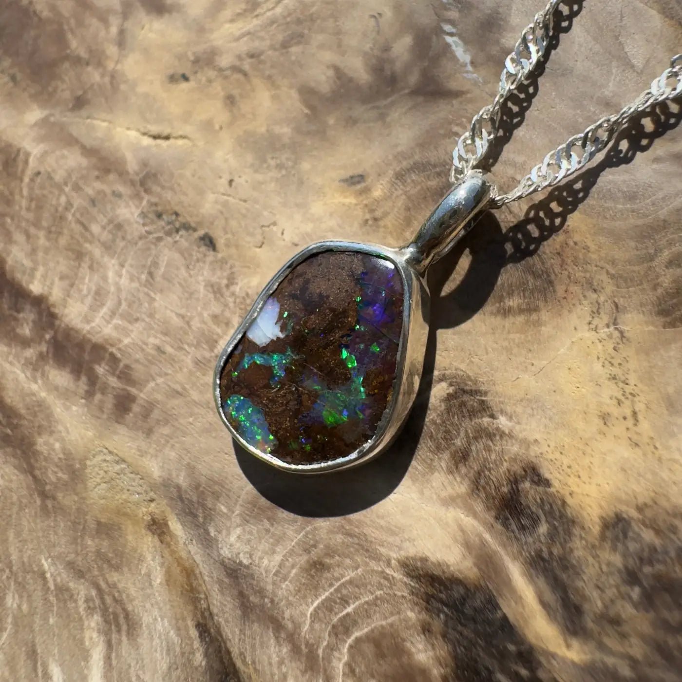 Handcrafted 6.8ct Solid Queensland Boulder Opal Sterling Silver Pendant Necklace