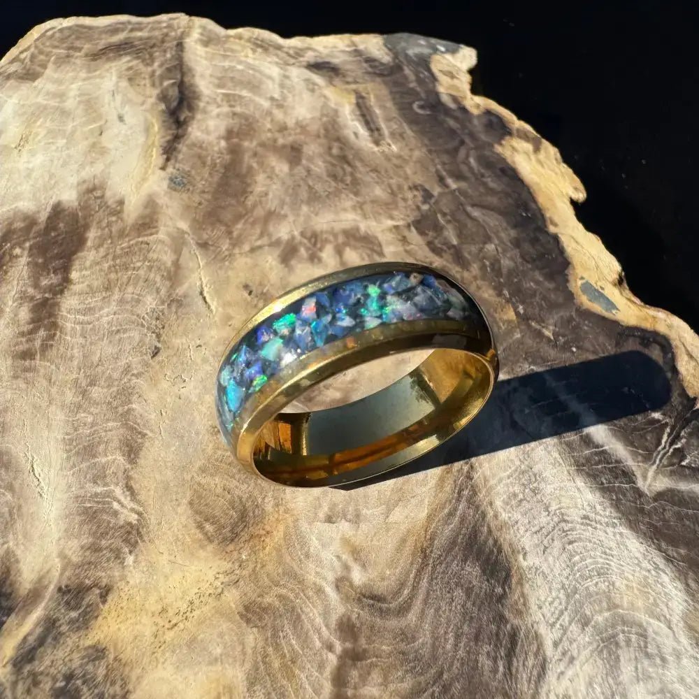 Handcrafted Australian Opal Ring Gold, Silver or Black Surgical Steel