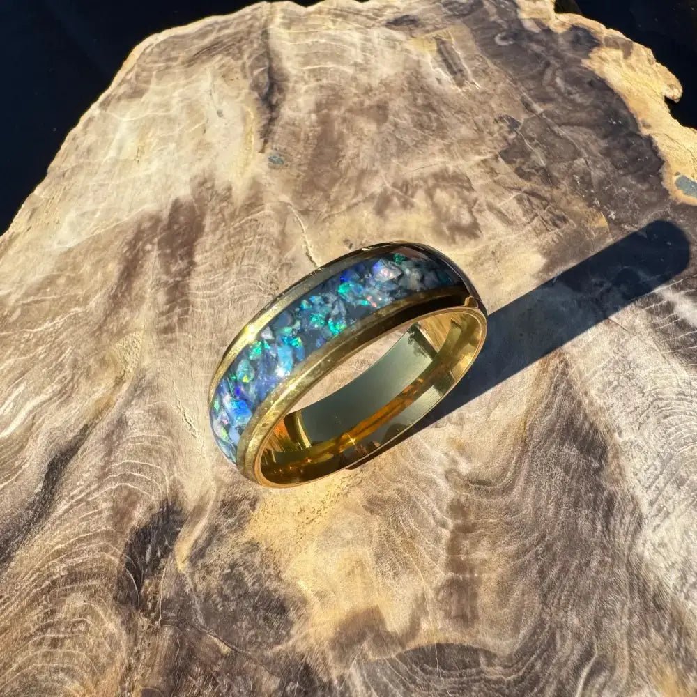 Handcrafted Australian Opal Ring Gold, Silver or Black Surgical Steel