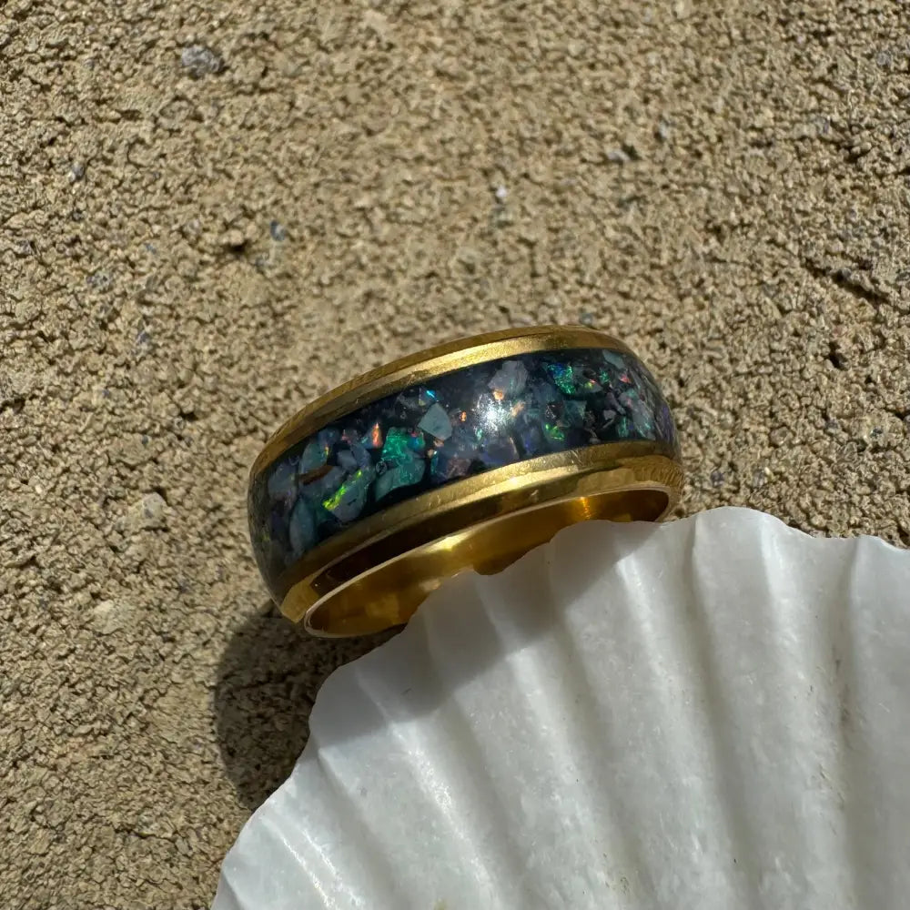 Gold ring with Australian opal inlay in surgical steel, size L (6) for elegant jewelry