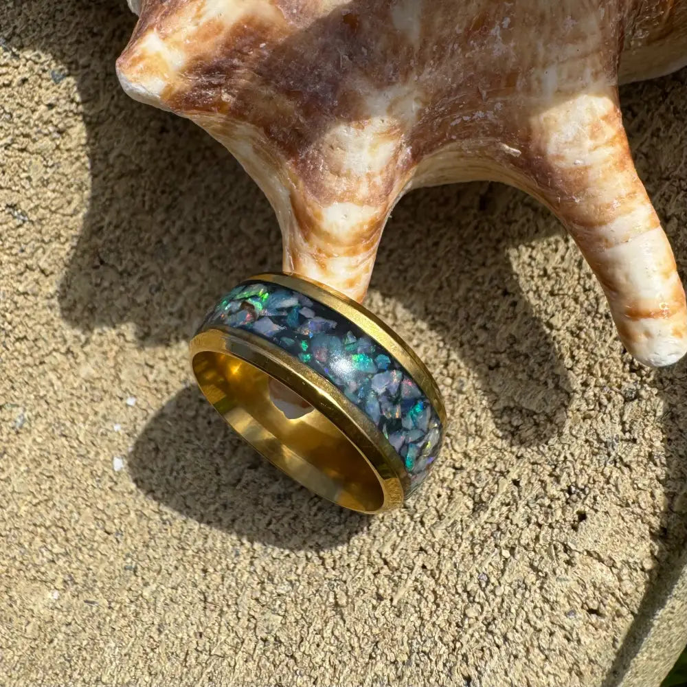 Gold ring with inlaid Australian opal in surgical steel setting, size L 6