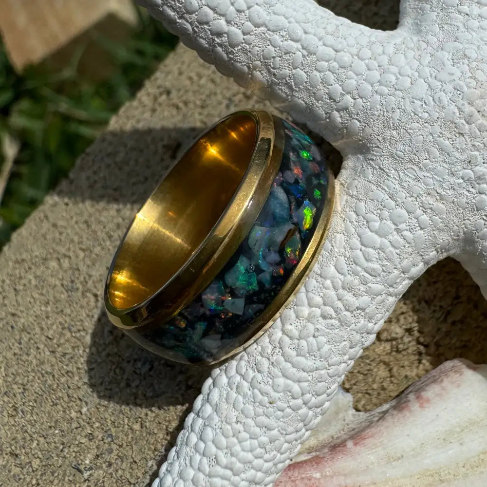Handcrafted Australian opal and gold ring in size L on surgical steel band