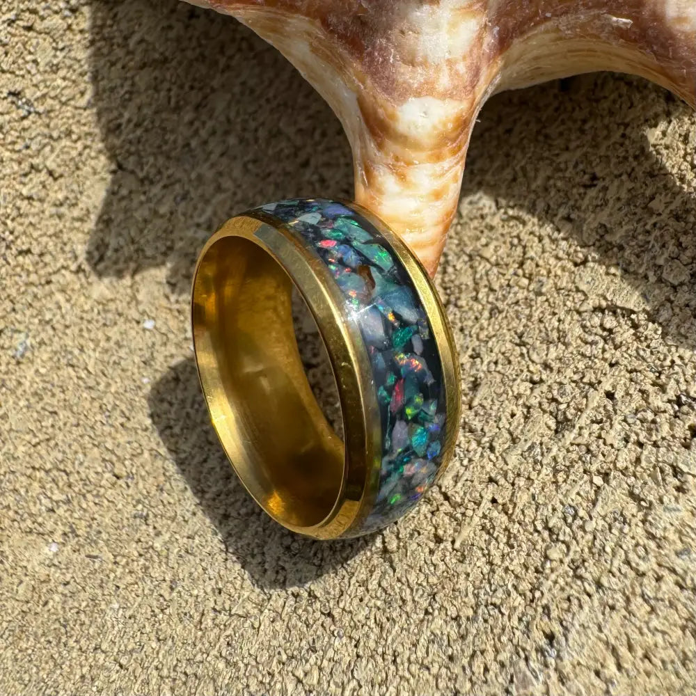 Gold and Australian opal ring crafted in surgical steel, size large L