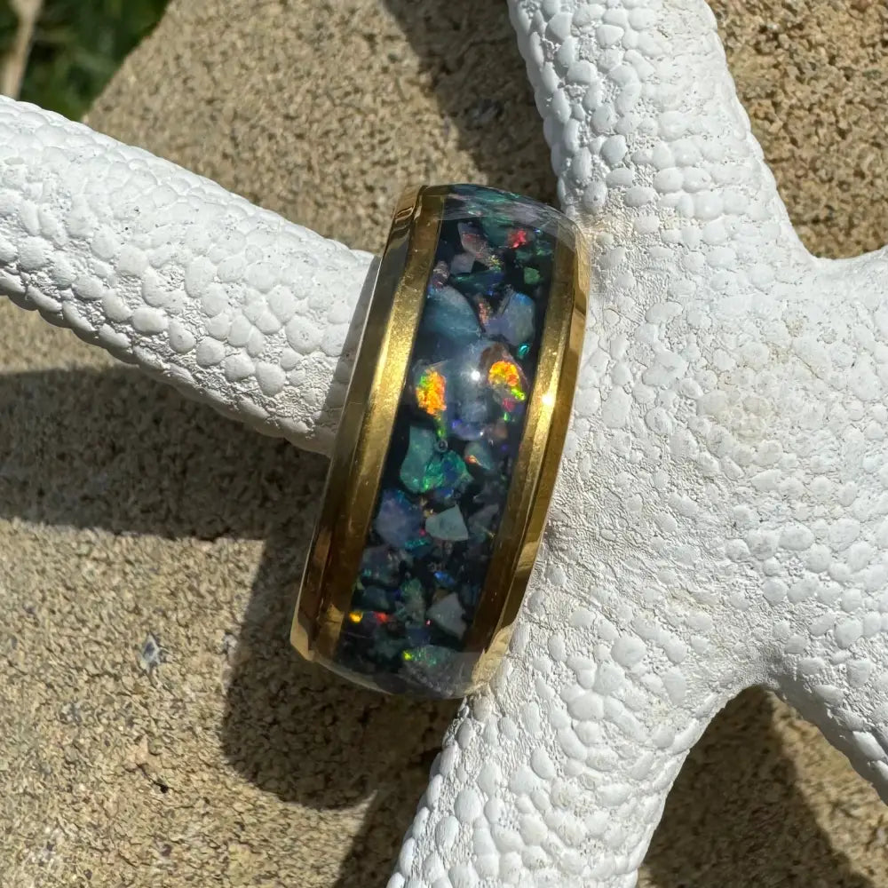 Gold-banded Australian Opal Ring in surgical steel, size Large, handcrafted jewelry