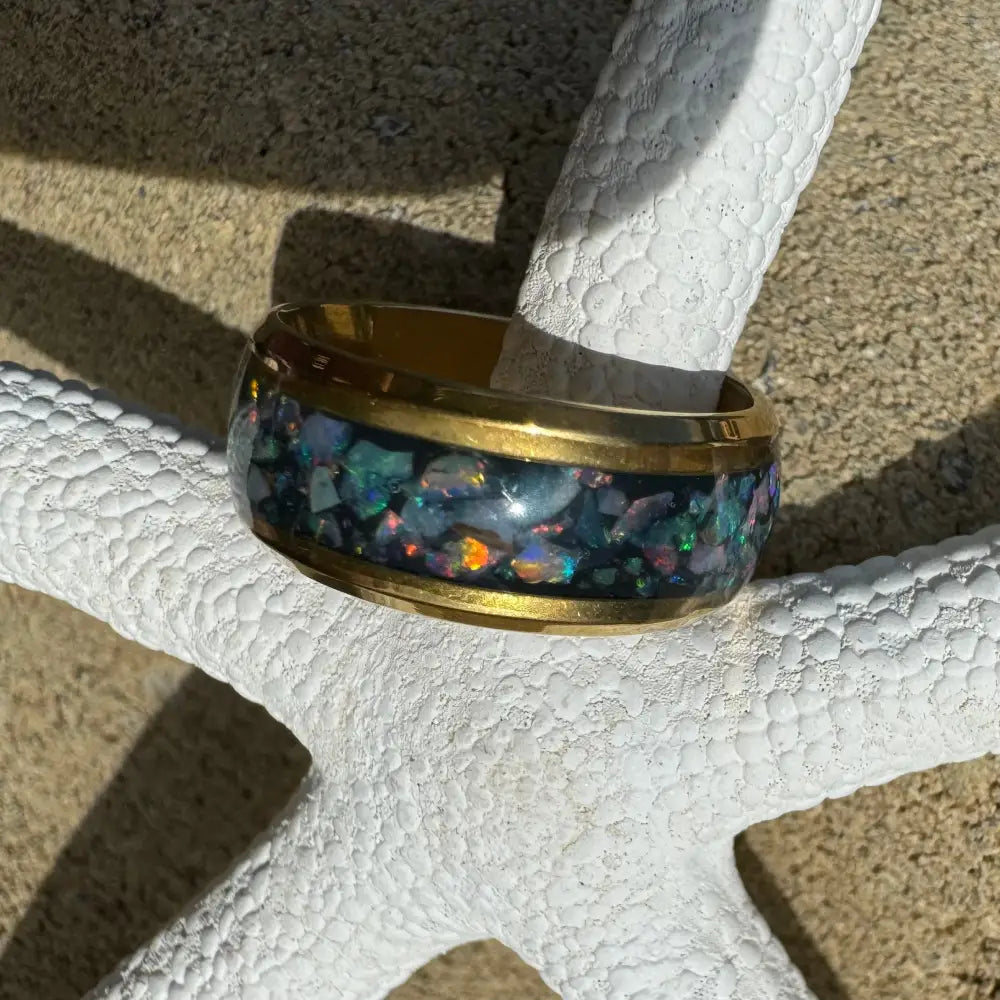 Handcrafted Australian opal ring with gold and surgical steel in size L (6)