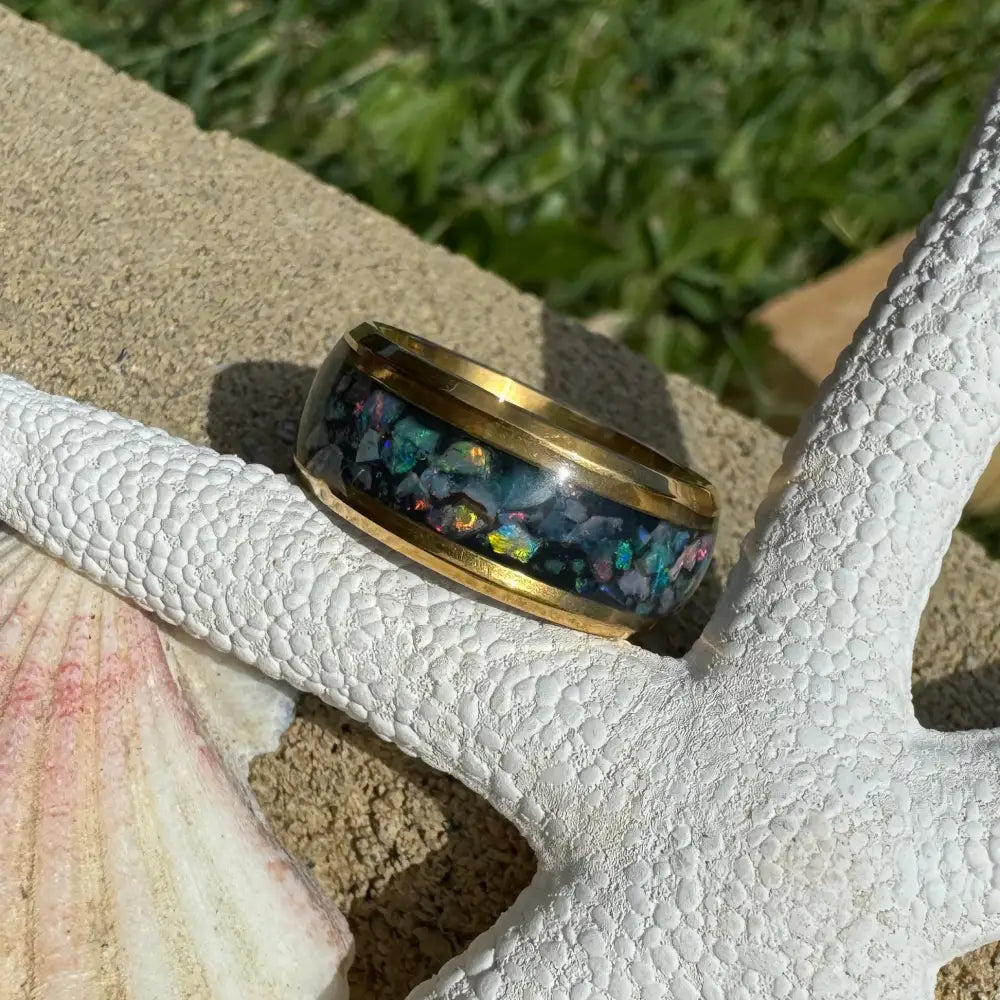 Gold-banded Australian Opal ring crafted from surgical steel in size large (6)