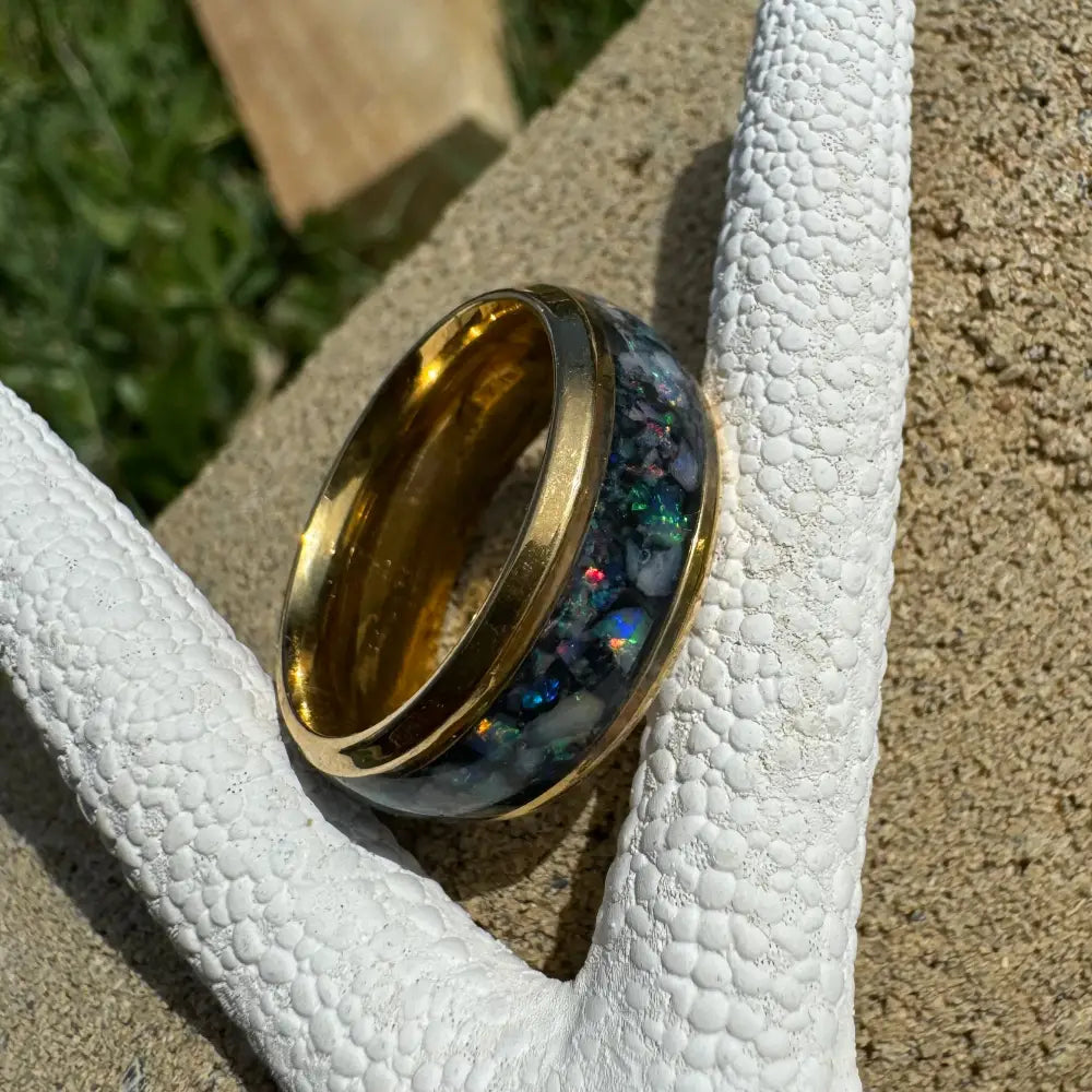 Gold ring with opal inlay, handcrafted Australian opal, surgical steel, size N (7)
