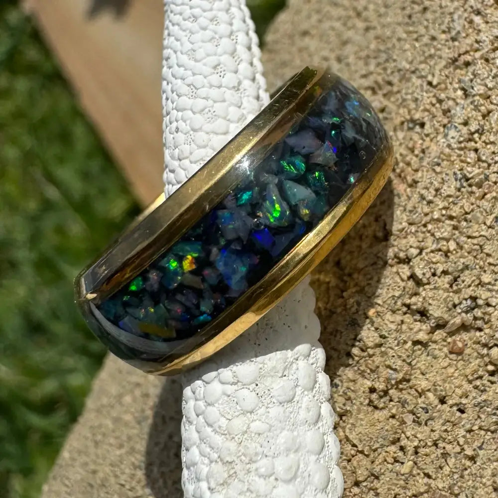 Handcrafted Australian Opal Ring with gold inlay in size N (7) on surgical steel