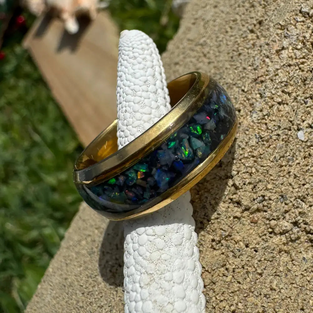 Gold-banded Australian Opal Ring in surgical steel, size N (7) for elegant style