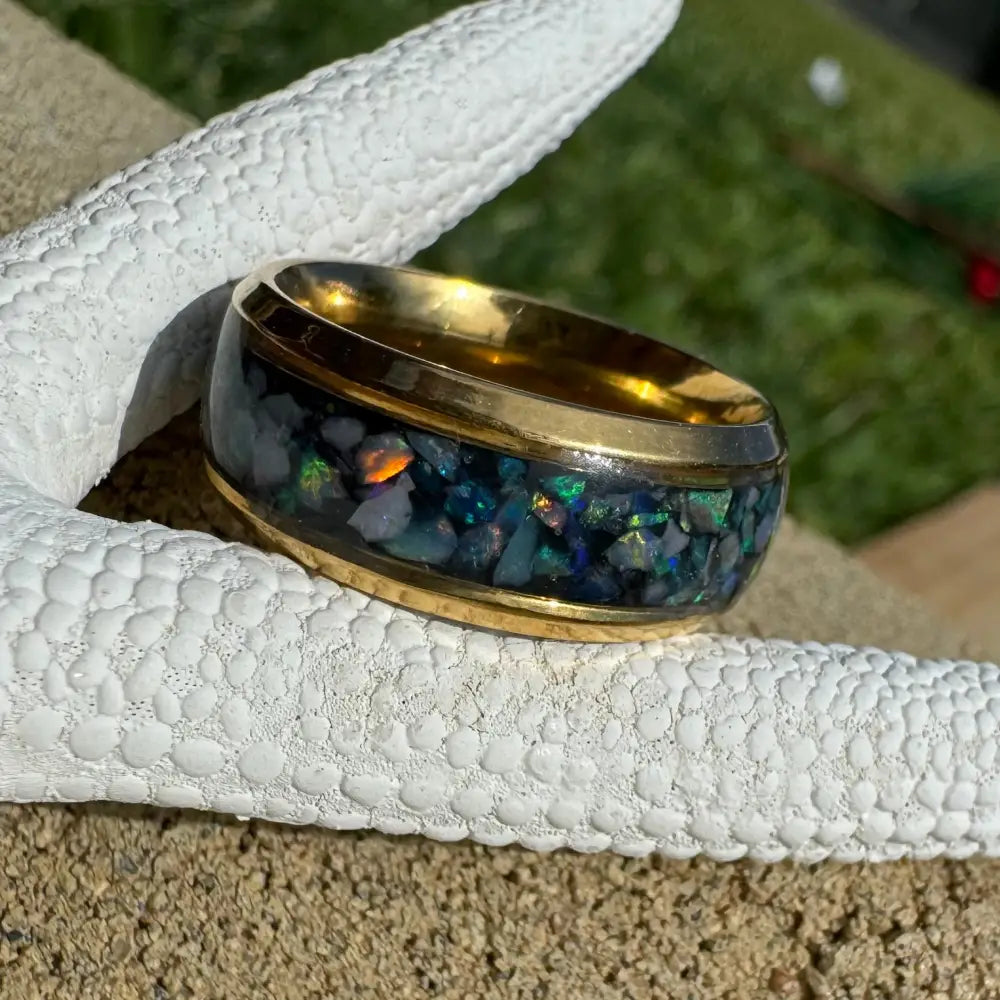 Handcrafted Australian Opal Ring with Gold and Surgical Steel, Size N (7)