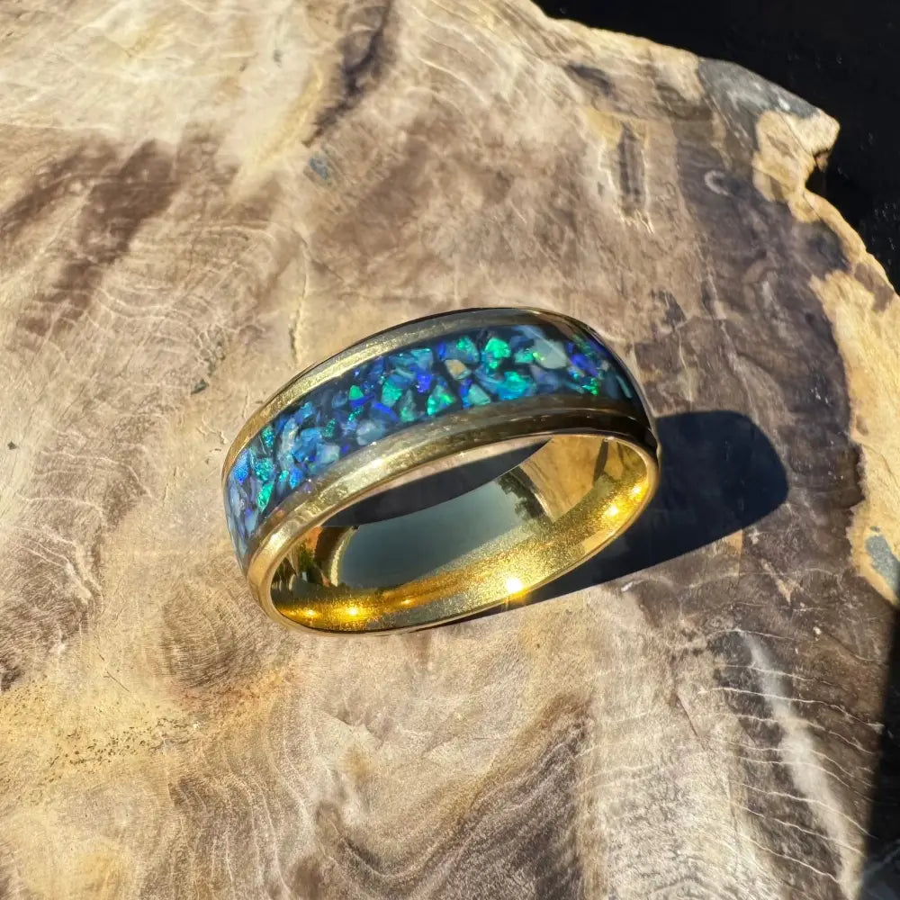 Gold handcrafted Australian opal ring with blue and green inlay in surgical steel size V