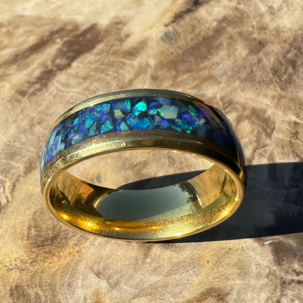 Gold ring with blue and green opal inlay in handcrafted Australian Opal Ring Gold Surgical Steel Size V