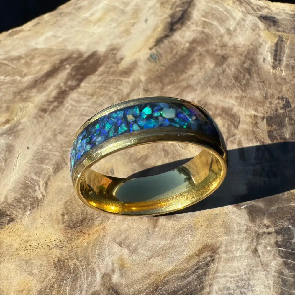 Gold ring with a blue opal inlay from the Handcrafted Australian Opal Ring collection