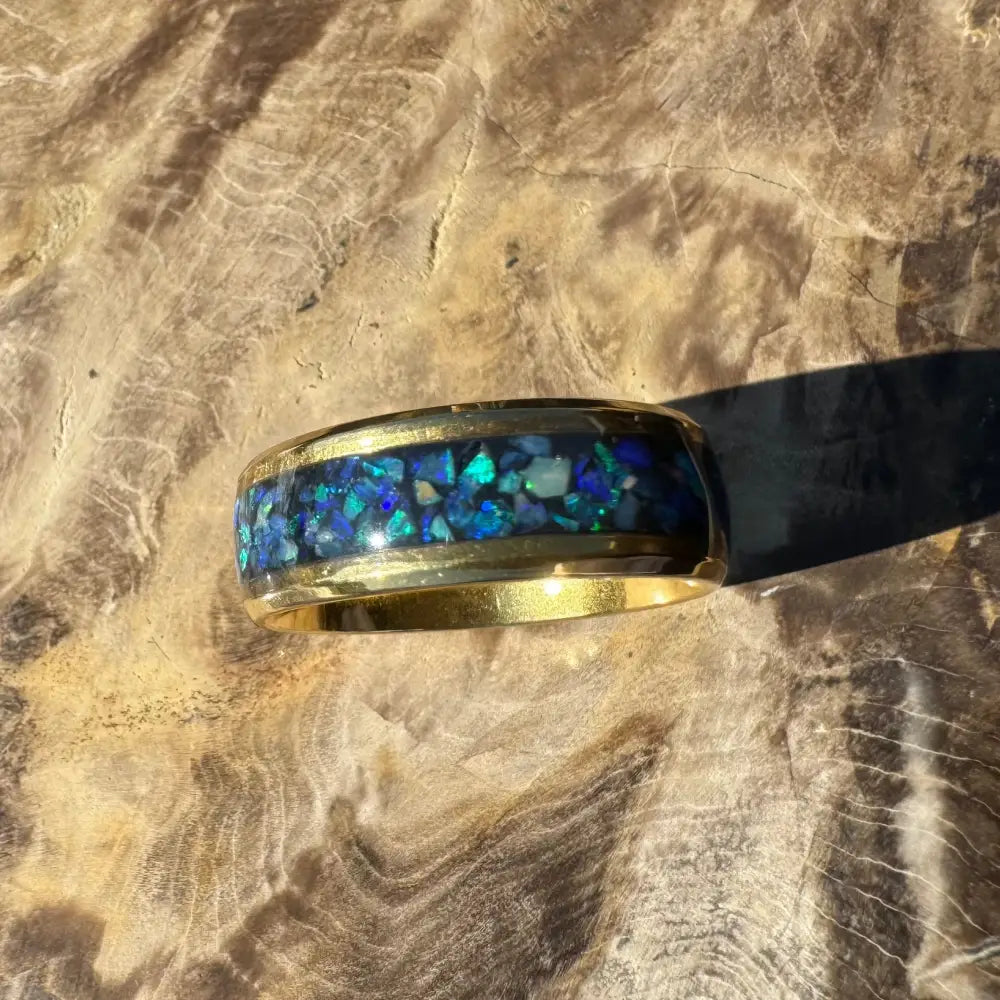 Handcrafted Australian Opal Ring with gold band and blue and green stone inlay