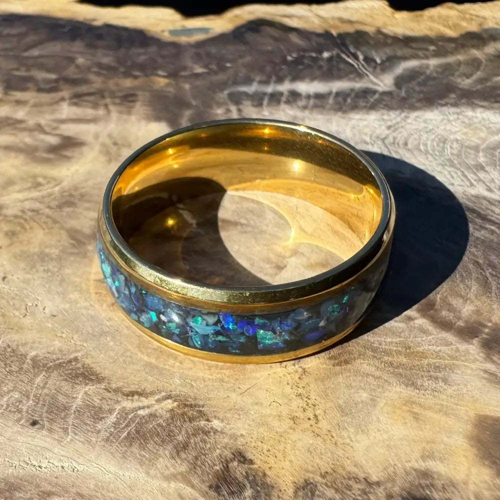 Gold ring with Australian Opal inlay crafted in surgical steel, size V (10 3/4)