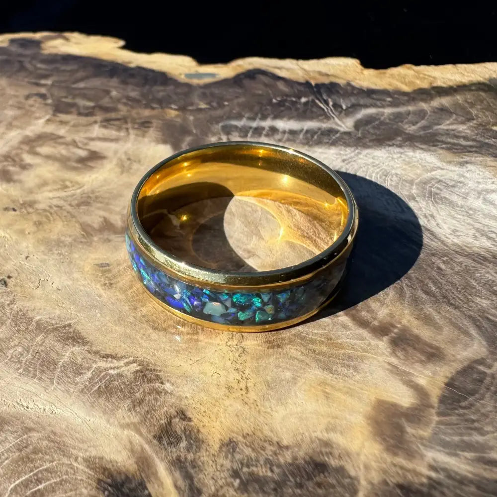 Gold handcrafted Australian Opal ring with inlaid blue and green stones in size V