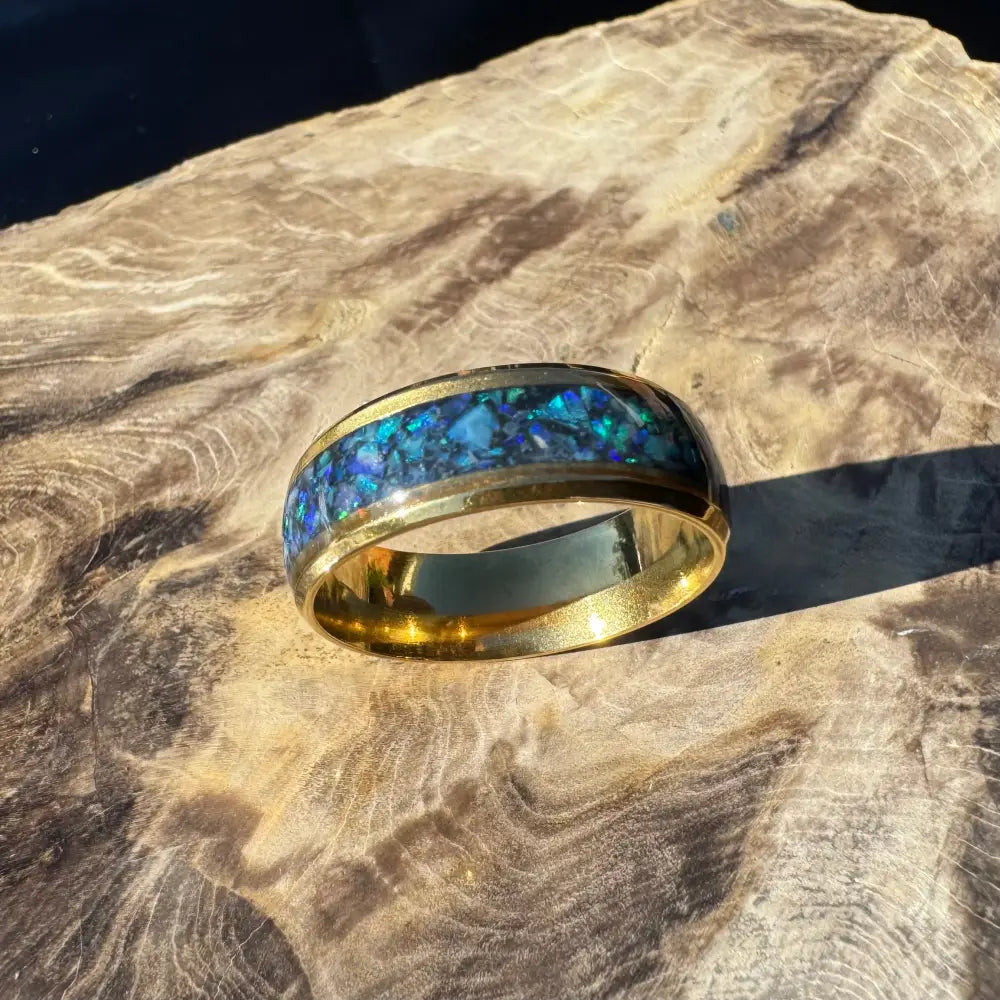 Gold ring with blue opal inlay from Handcrafted Australian Opal Ring collection in size X 1/2