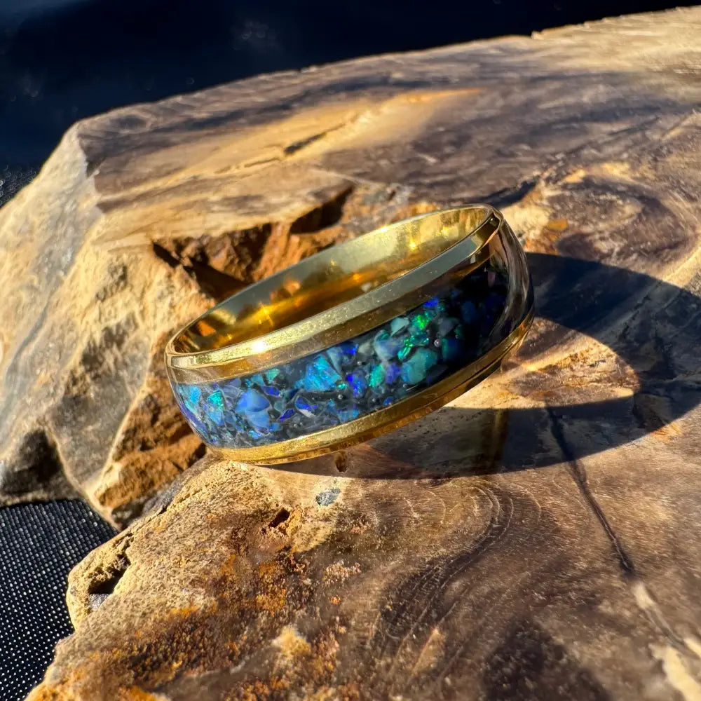 Handcrafted Australian opal gold ring with blue and green inlay in size X 1/2