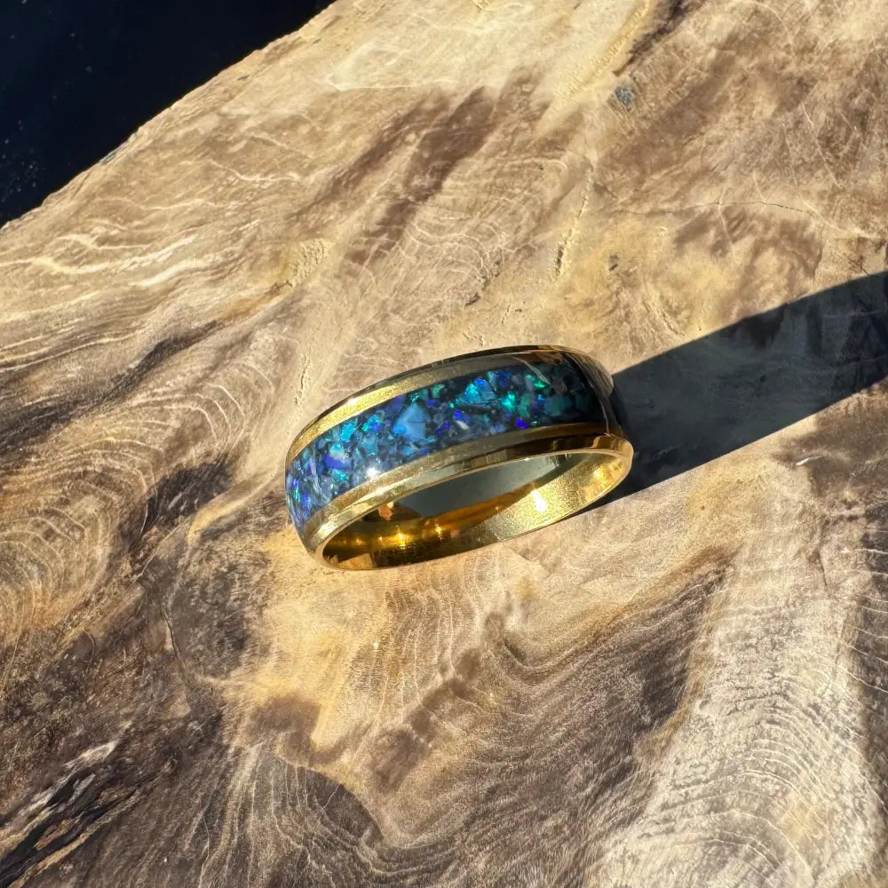 Gold ring with blue opal inlay from Handcrafted Australian Opal Ring collection in size X 1/2