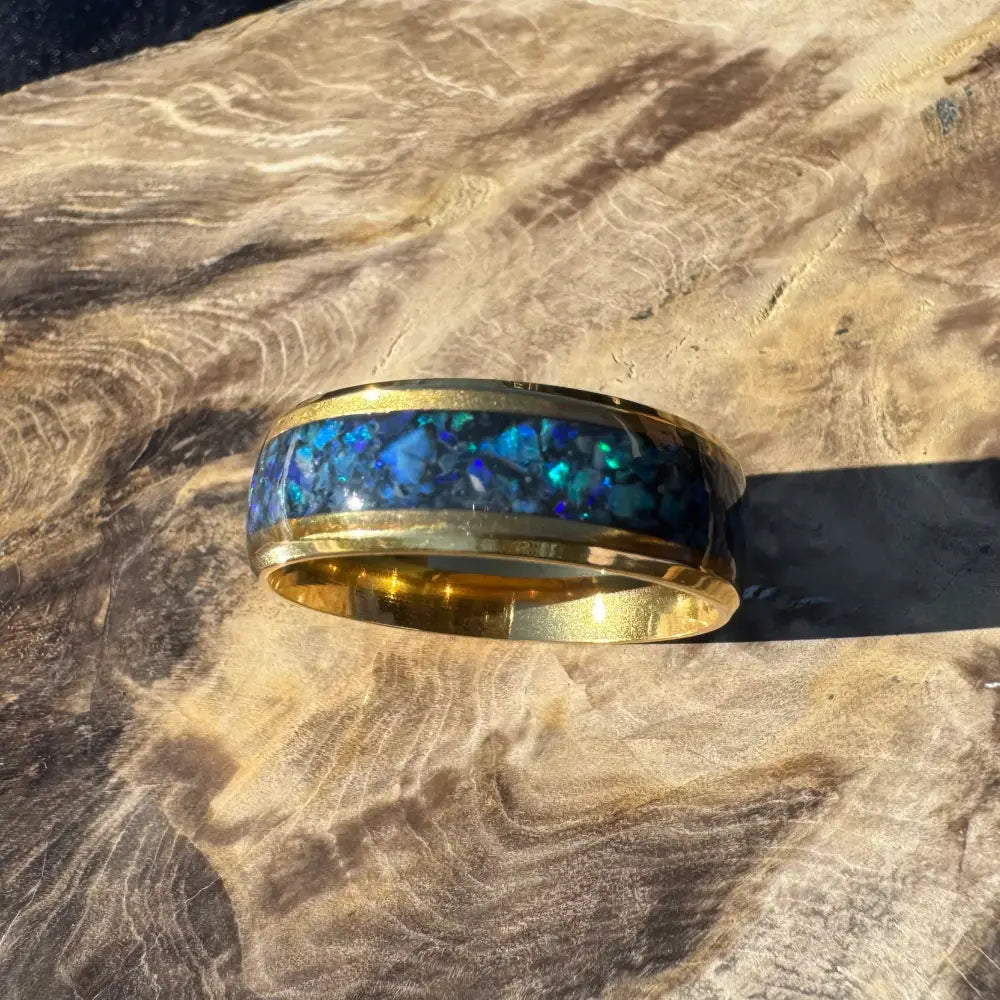 Gold ring with blue opal inlay from Handcrafted Australian Opal Ring collection in size X 1/2