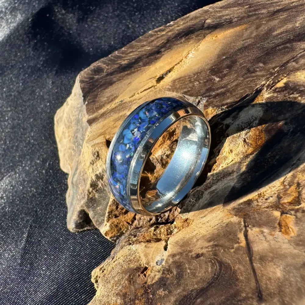 Handcrafted Australian Opal Ring Silver Surgical Steel Size P (7 3/4)