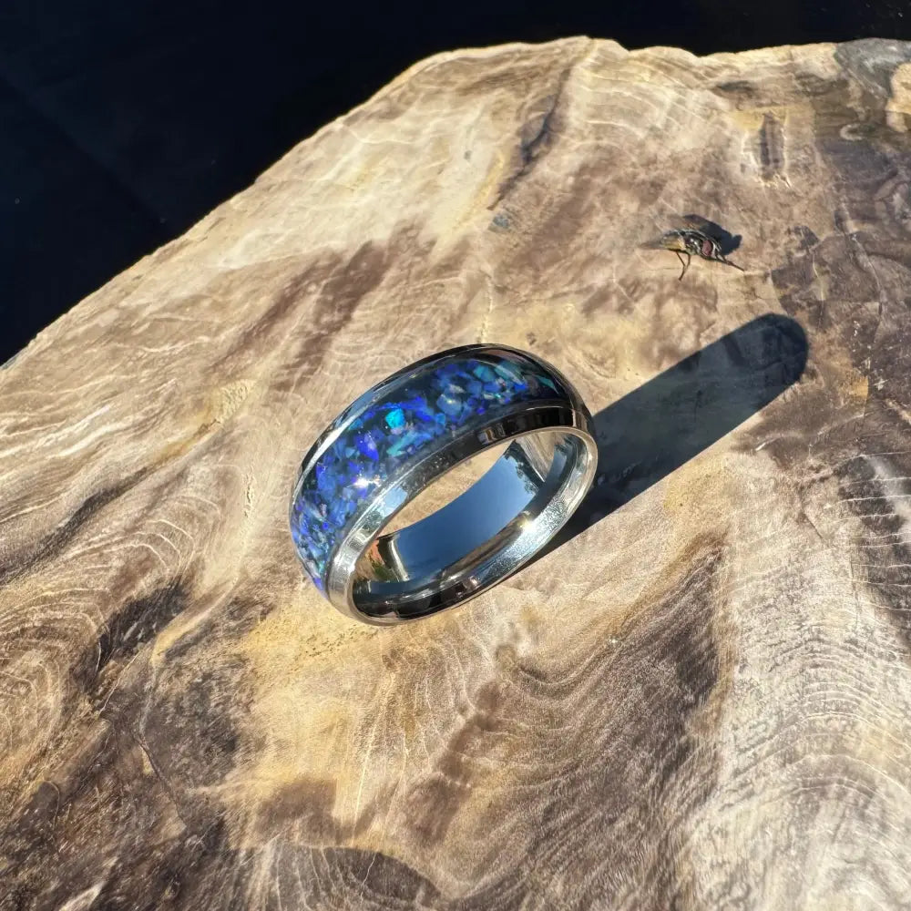 Handcrafted Australian Opal Ring Silver Surgical Steel Size P (7 3/4)