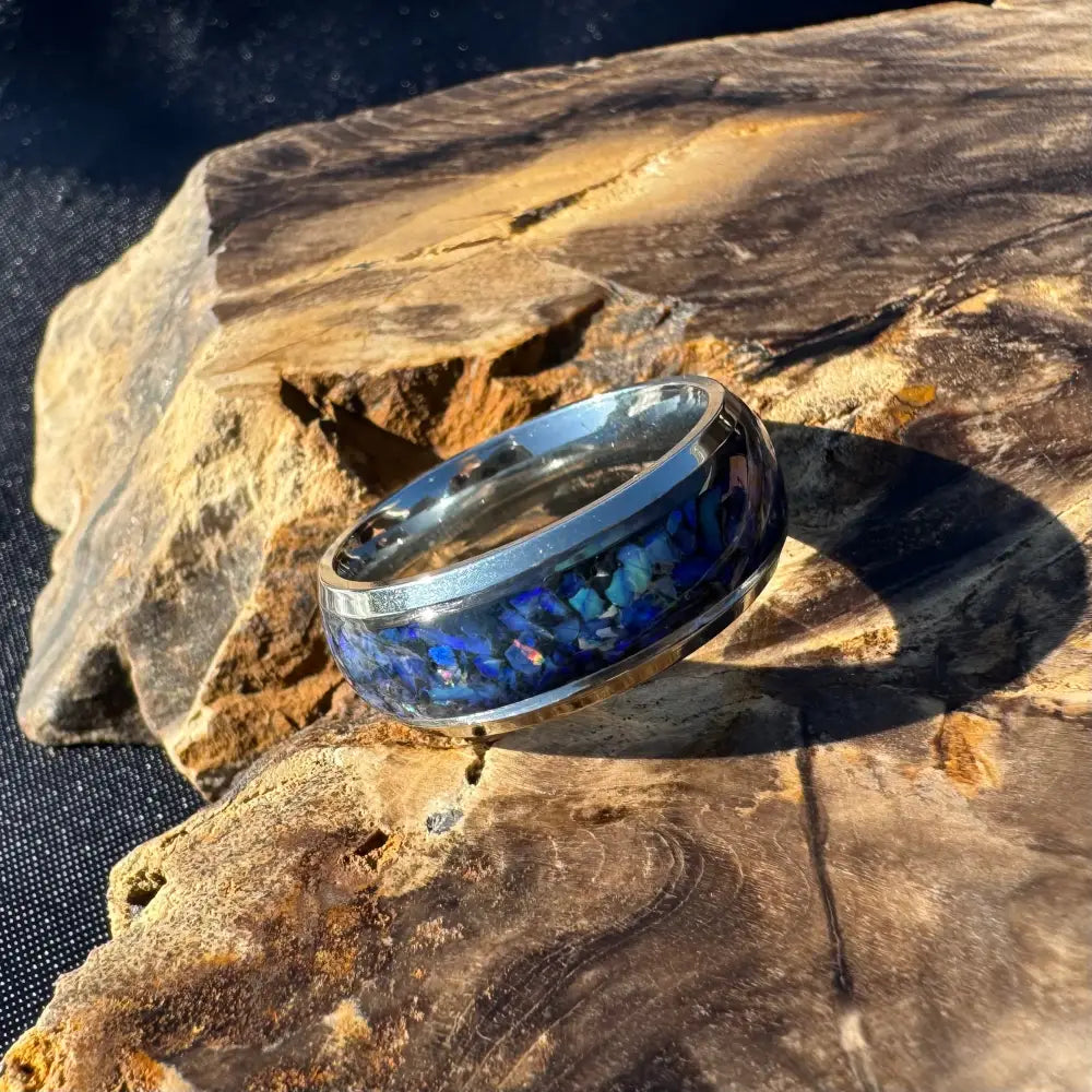 Handcrafted Australian Opal Ring Silver Surgical Steel Size P (7 3/4)