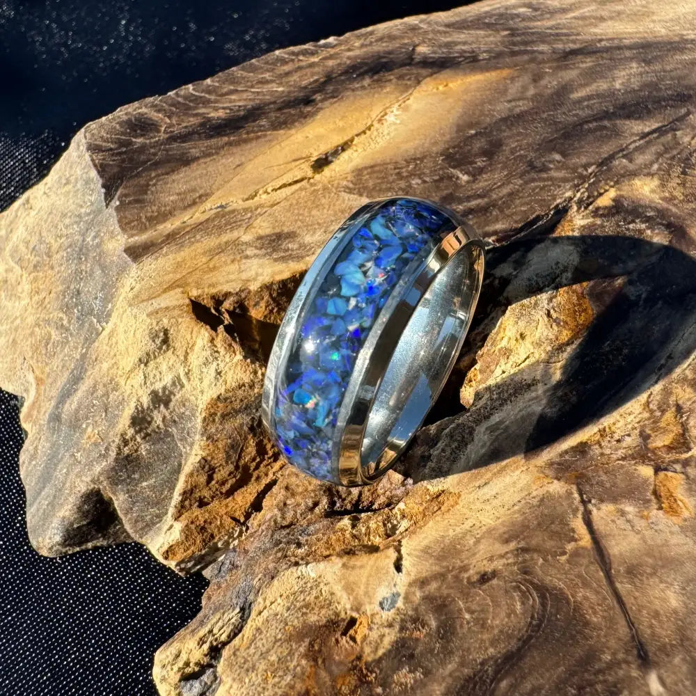 Handcrafted Australian Opal Ring Silver Surgical Steel Size P (7 3/4)