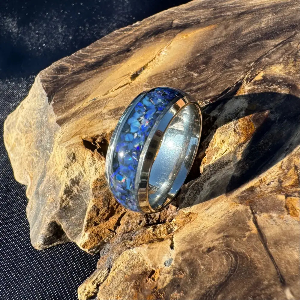 Handcrafted Australian Opal Ring Silver Surgical Steel Size P (7 3/4)
