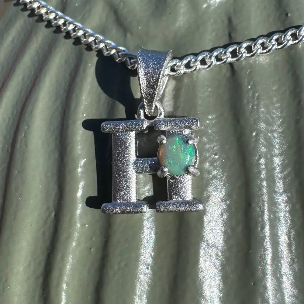 'Harmony's Glow' ~ Handcrafted 0.2ct Solid Lightning Ridge Opal 925 Sterling Silver 'H' Pendant Necklace