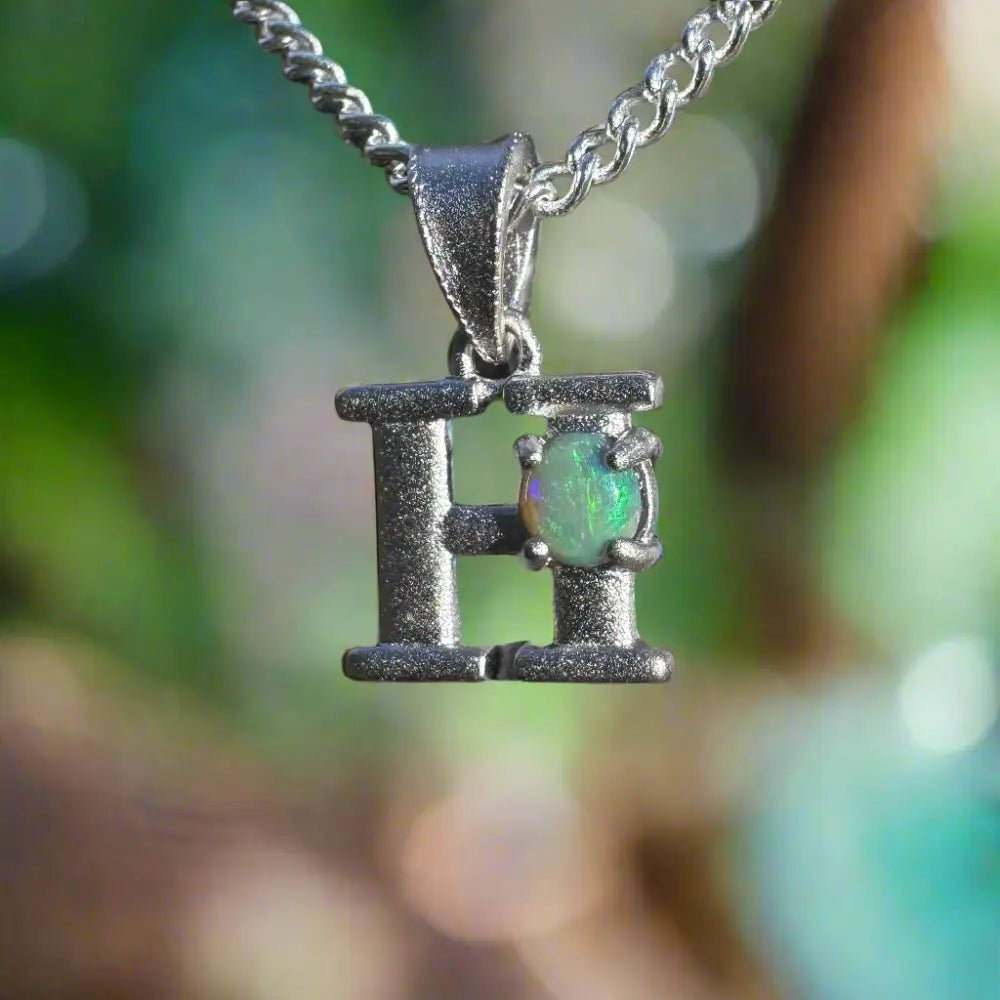 'Harmony's Glow' ~ Handcrafted 0.2ct Solid Lightning Ridge Opal 925 Sterling Silver 'H' Pendant Necklace