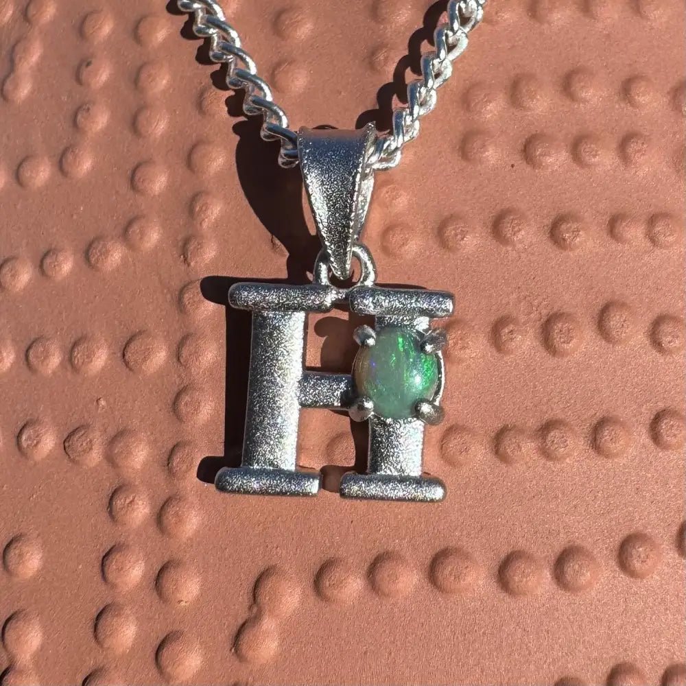 'Harmony's Glow' ~ Handcrafted 0.2ct Solid Lightning Ridge Opal 925 Sterling Silver 'H' Pendant Necklace