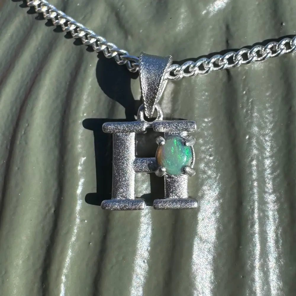 'Harmony's Glow' ~ Handcrafted 0.2ct Solid Lightning Ridge Opal 925 Sterling Silver 'H' Pendant Necklace