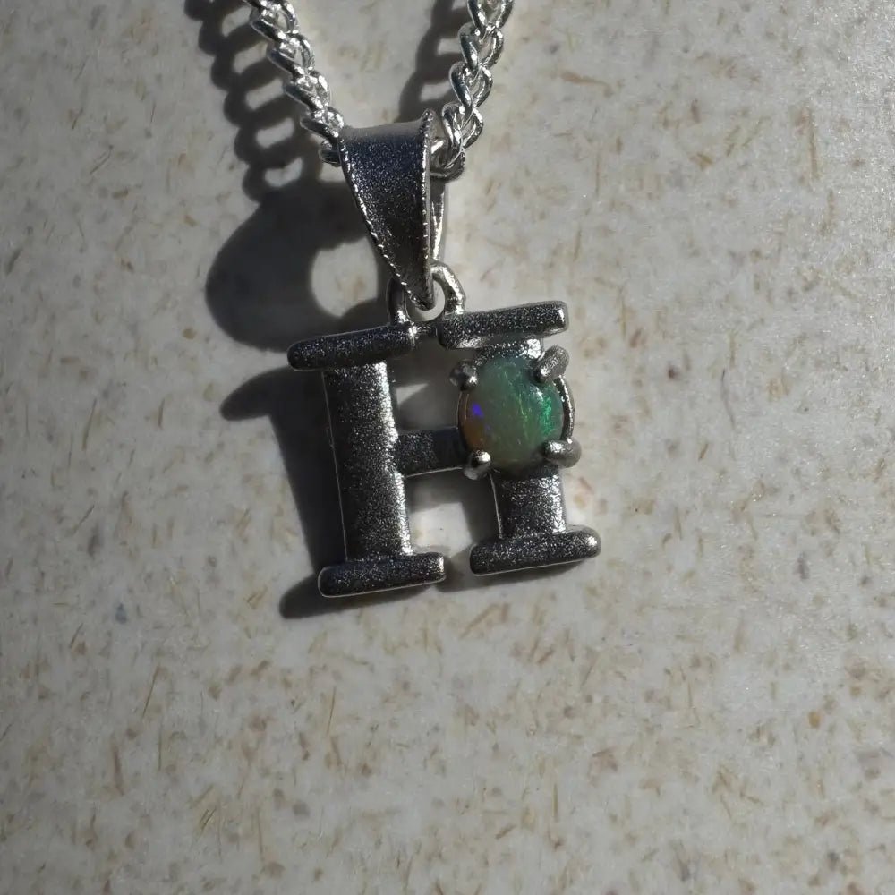 'Harmony's Glow' ~ Handcrafted 0.2ct Solid Lightning Ridge Opal 925 Sterling Silver 'H' Pendant Necklace