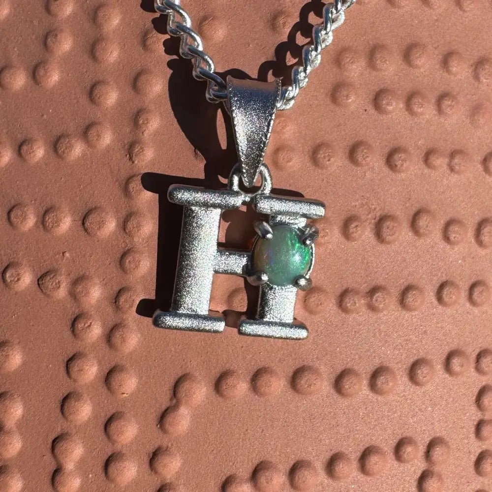 'Harmony's Glow' ~ Handcrafted 0.2ct Solid Lightning Ridge Opal 925 Sterling Silver 'H' Pendant Necklace