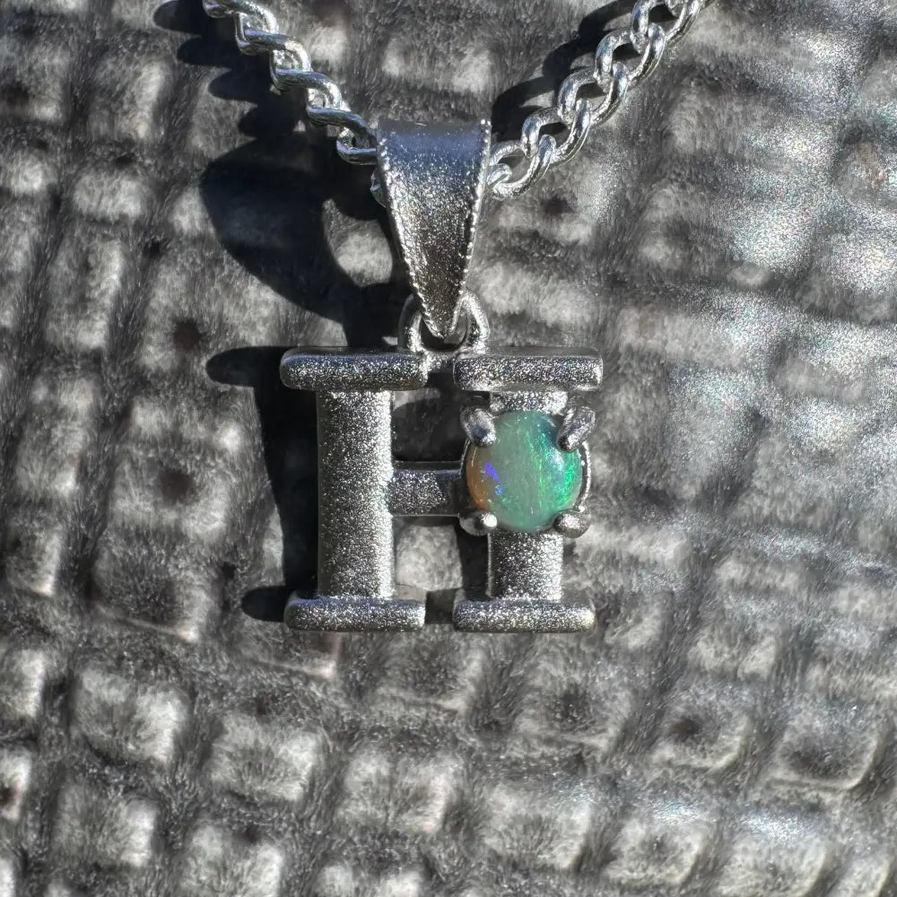 'Harmony's Glow' ~ Handcrafted 0.2ct Solid Lightning Ridge Opal 925 Sterling Silver 'H' Pendant Necklace