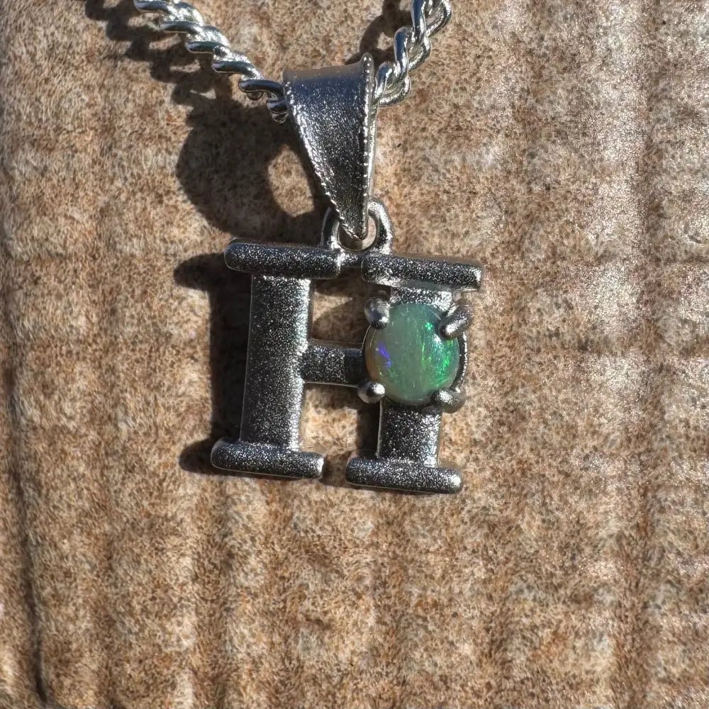 'Harmony's Glow' ~ Handcrafted 0.2ct Solid Lightning Ridge Opal 925 Sterling Silver 'H' Pendant Necklace