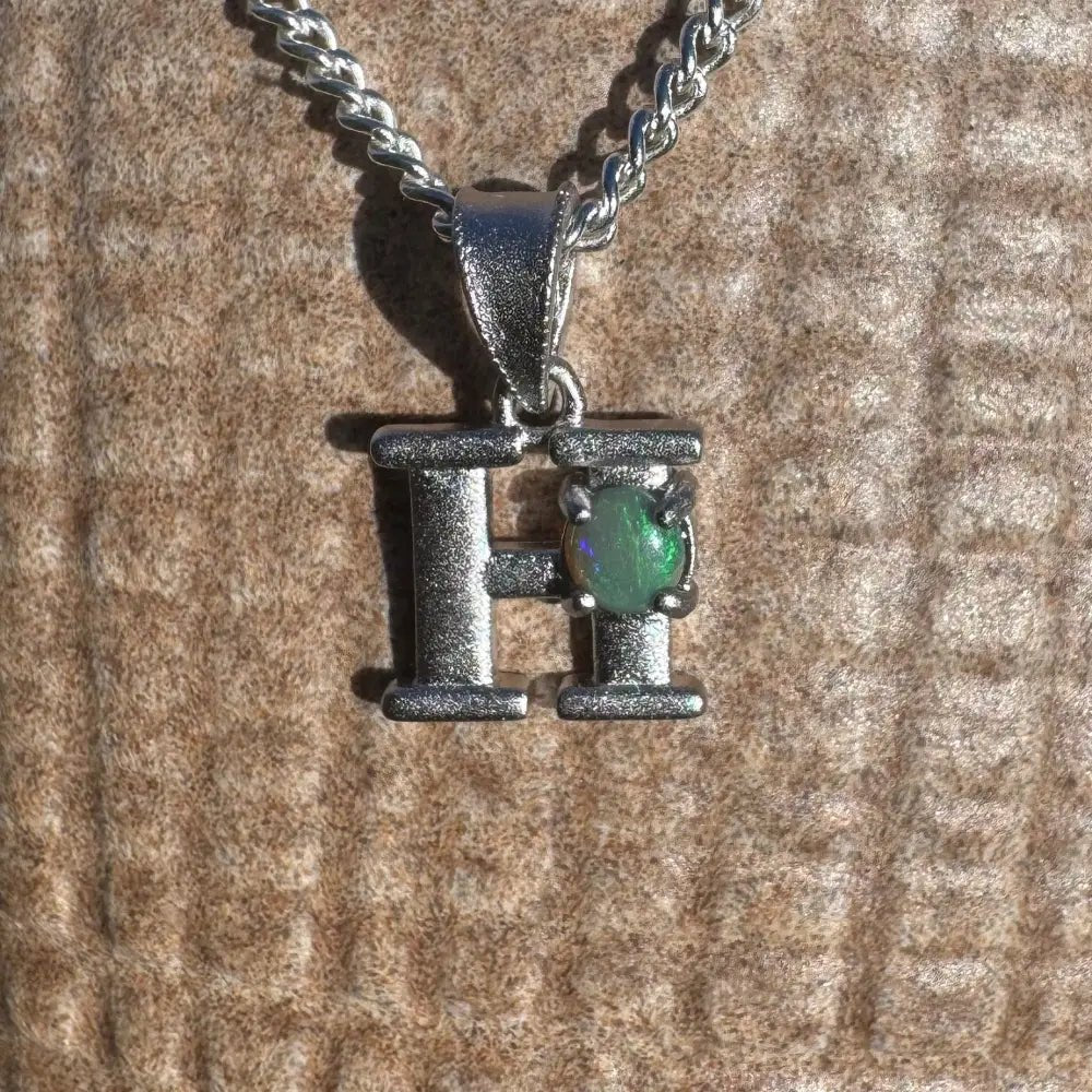 'Harmony's Glow' ~ Handcrafted 0.2ct Solid Lightning Ridge Opal 925 Sterling Silver 'H' Pendant Necklace