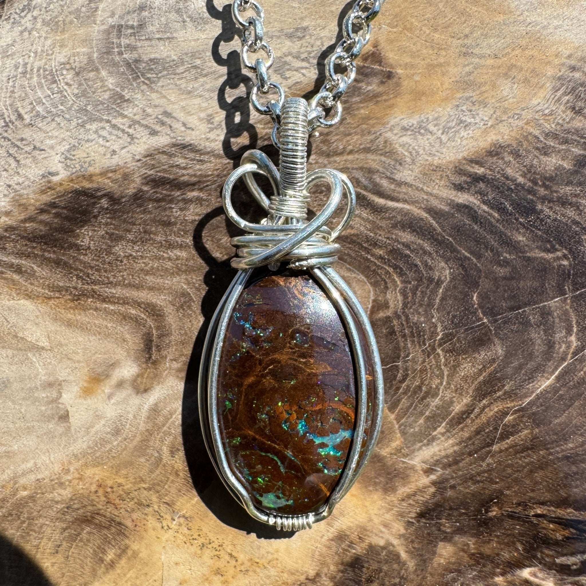 Hawkesbury Flow ~ 12ct Solid Queensland Boulder Opal 925 Sterling Silver Wire Wrap Pendant