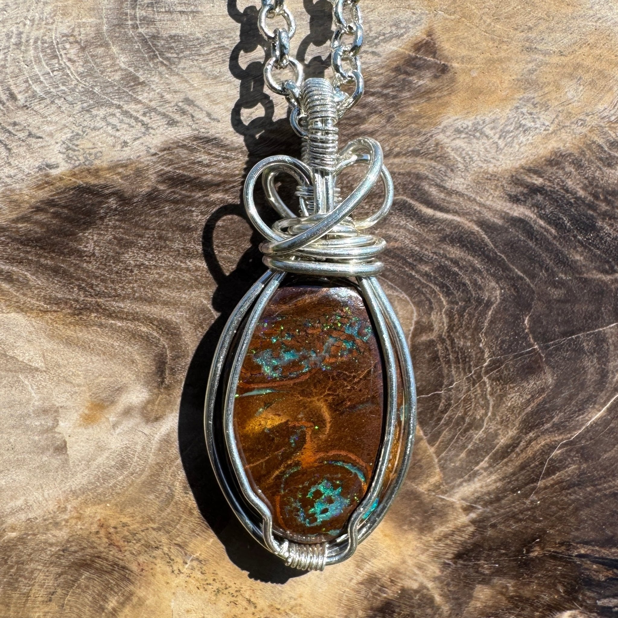 Hawkesbury Flow ~ 12ct Solid Queensland Boulder Opal 925 Sterling Silver Wire Wrap Pendant