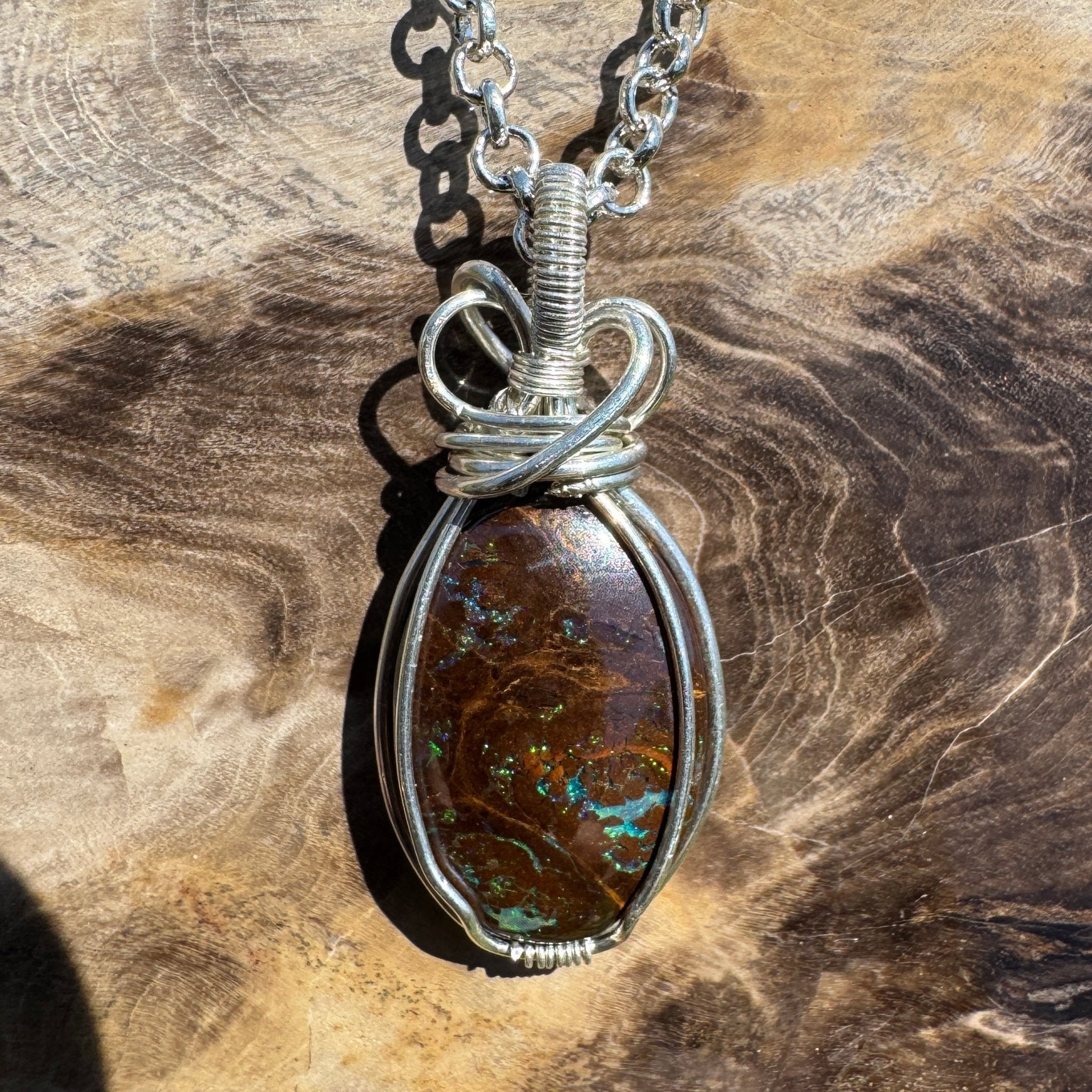 Hawkesbury Flow ~ 12ct Solid Queensland Boulder Opal 925 Sterling Silver Wire Wrap Pendant