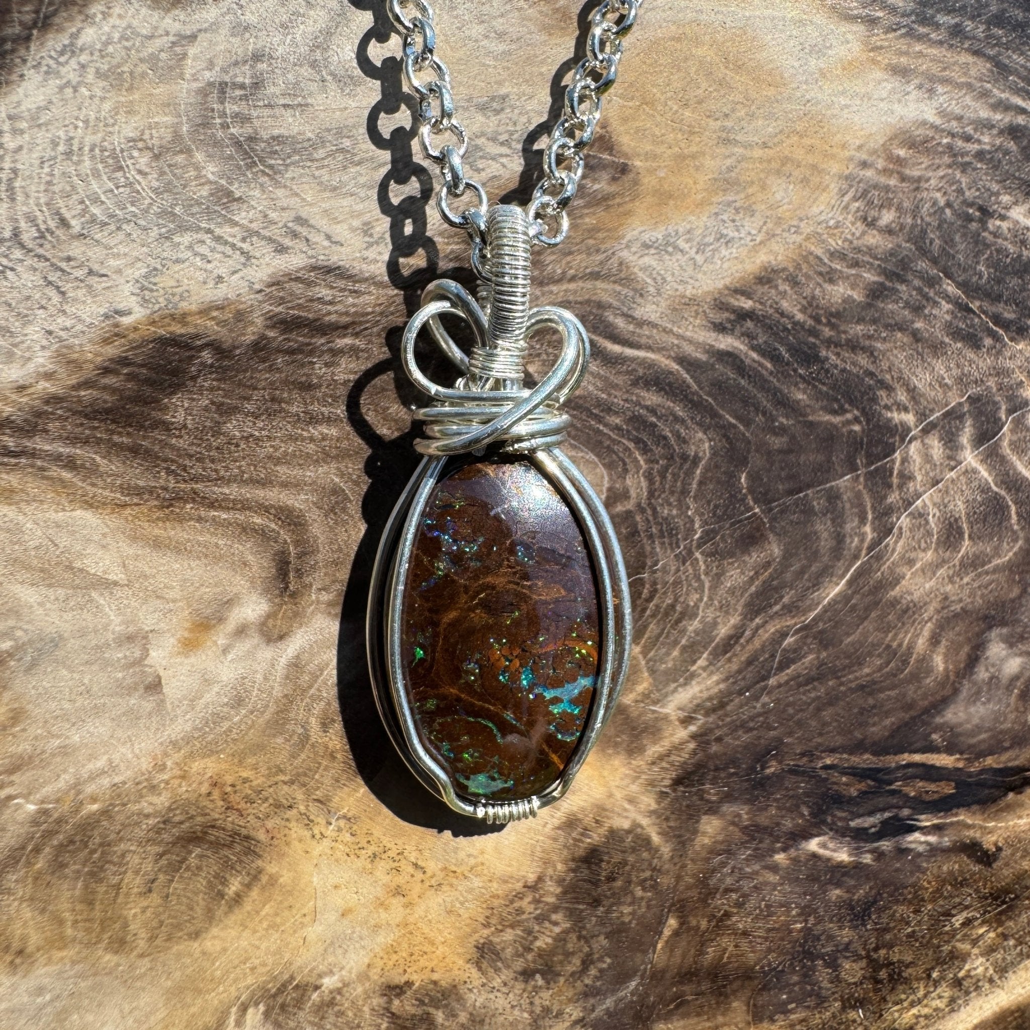 Hawkesbury Flow ~ 12ct Solid Queensland Boulder Opal 925 Sterling Silver Wire Wrap Pendant