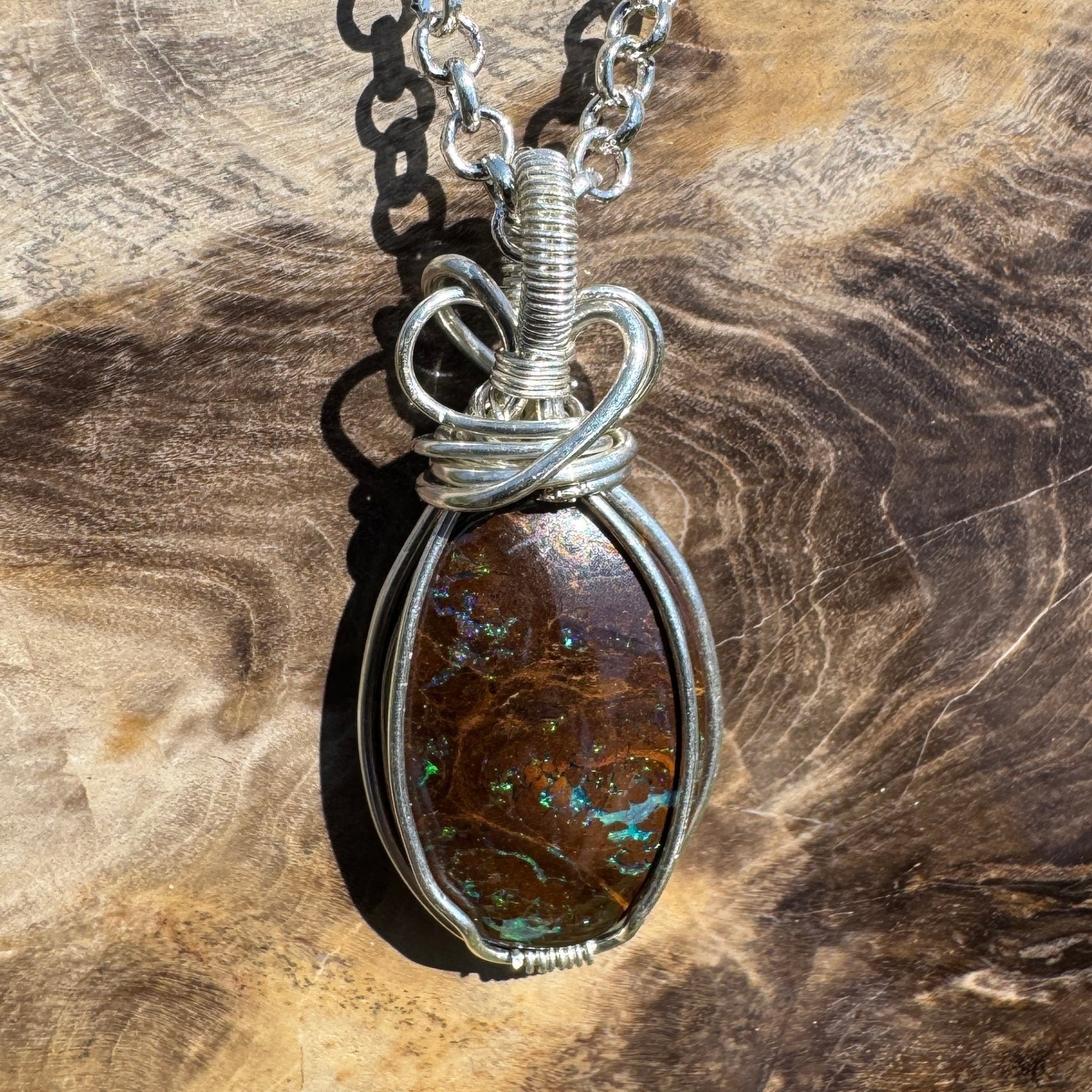 Hawkesbury Flow ~ 12ct Solid Queensland Boulder Opal 925 Sterling Silver Wire Wrap Pendant