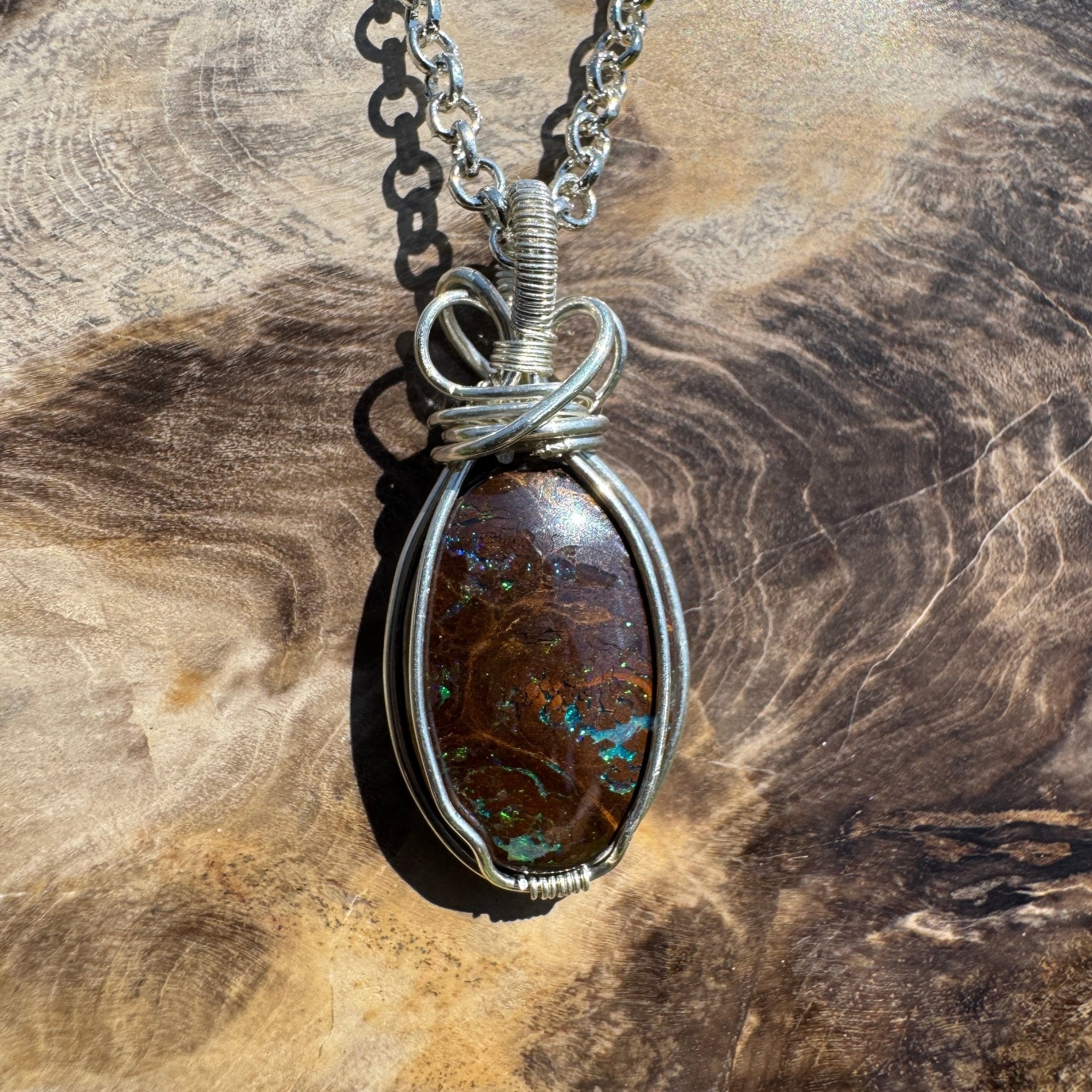 Hawkesbury Flow ~ 12ct Solid Queensland Boulder Opal 925 Sterling Silver Wire Wrap Pendant