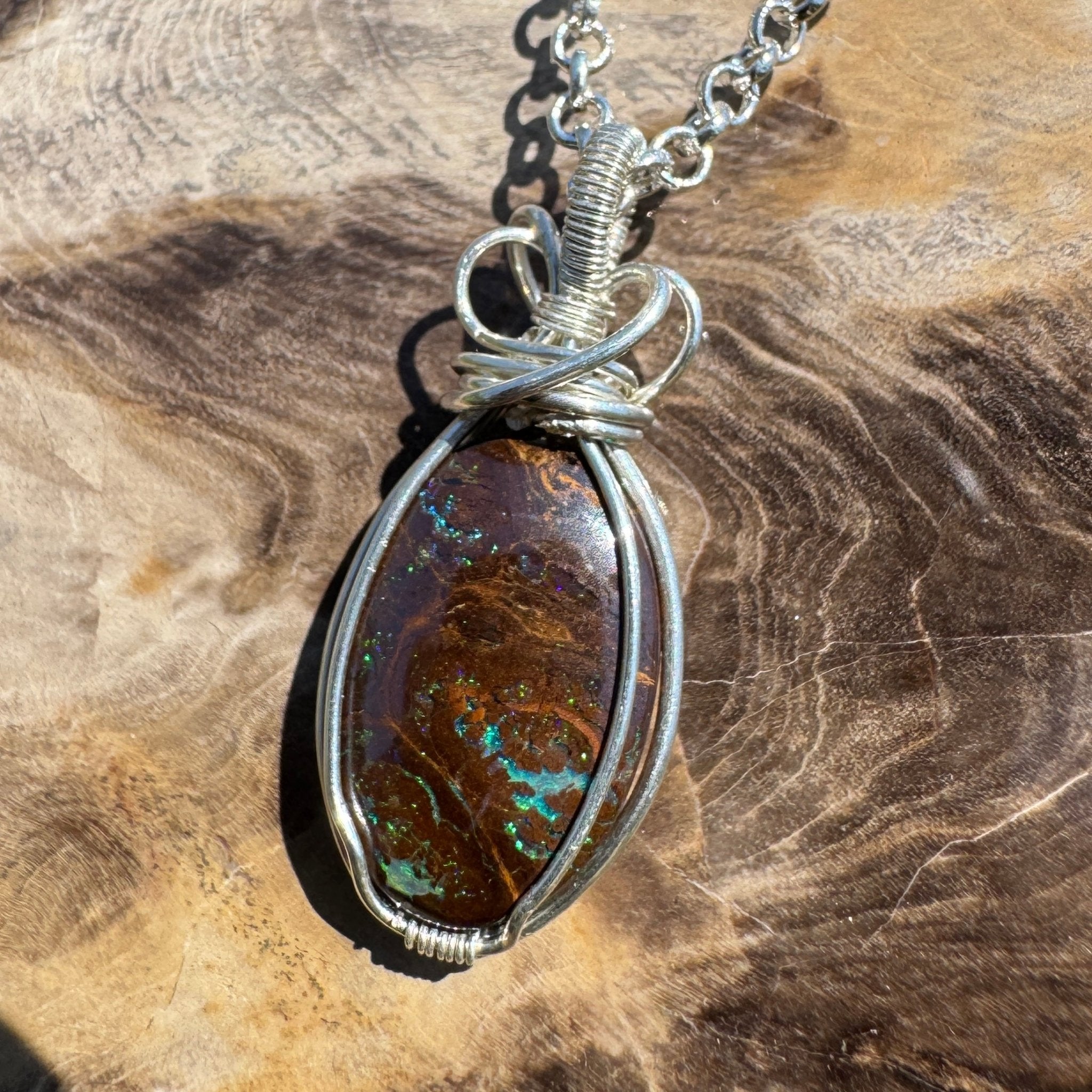 Hawkesbury Flow ~ 12ct Solid Queensland Boulder Opal 925 Sterling Silver Wire Wrap Pendant