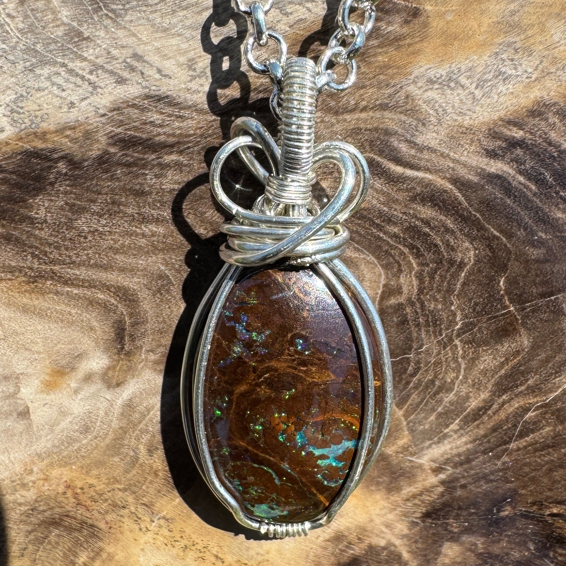 Hawkesbury Flow ~ 12ct Solid Queensland Boulder Opal 925 Sterling Silver Wire Wrap Pendant