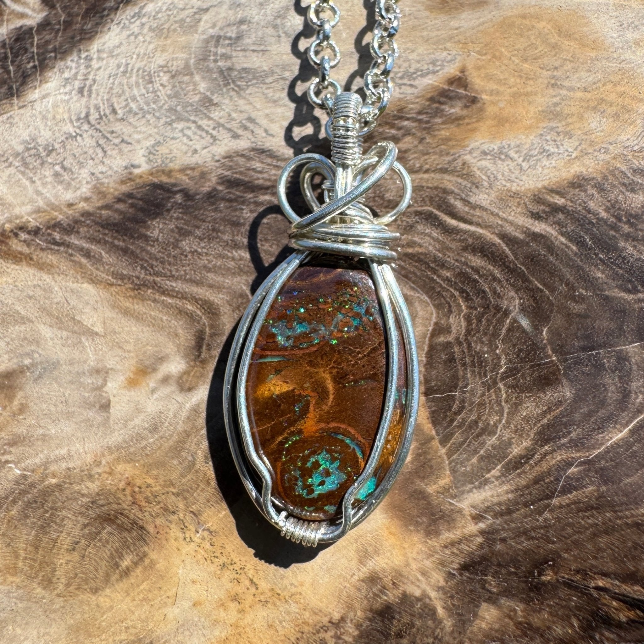 Hawkesbury Flow ~ 12ct Solid Queensland Boulder Opal 925 Sterling Silver Wire Wrap Pendant