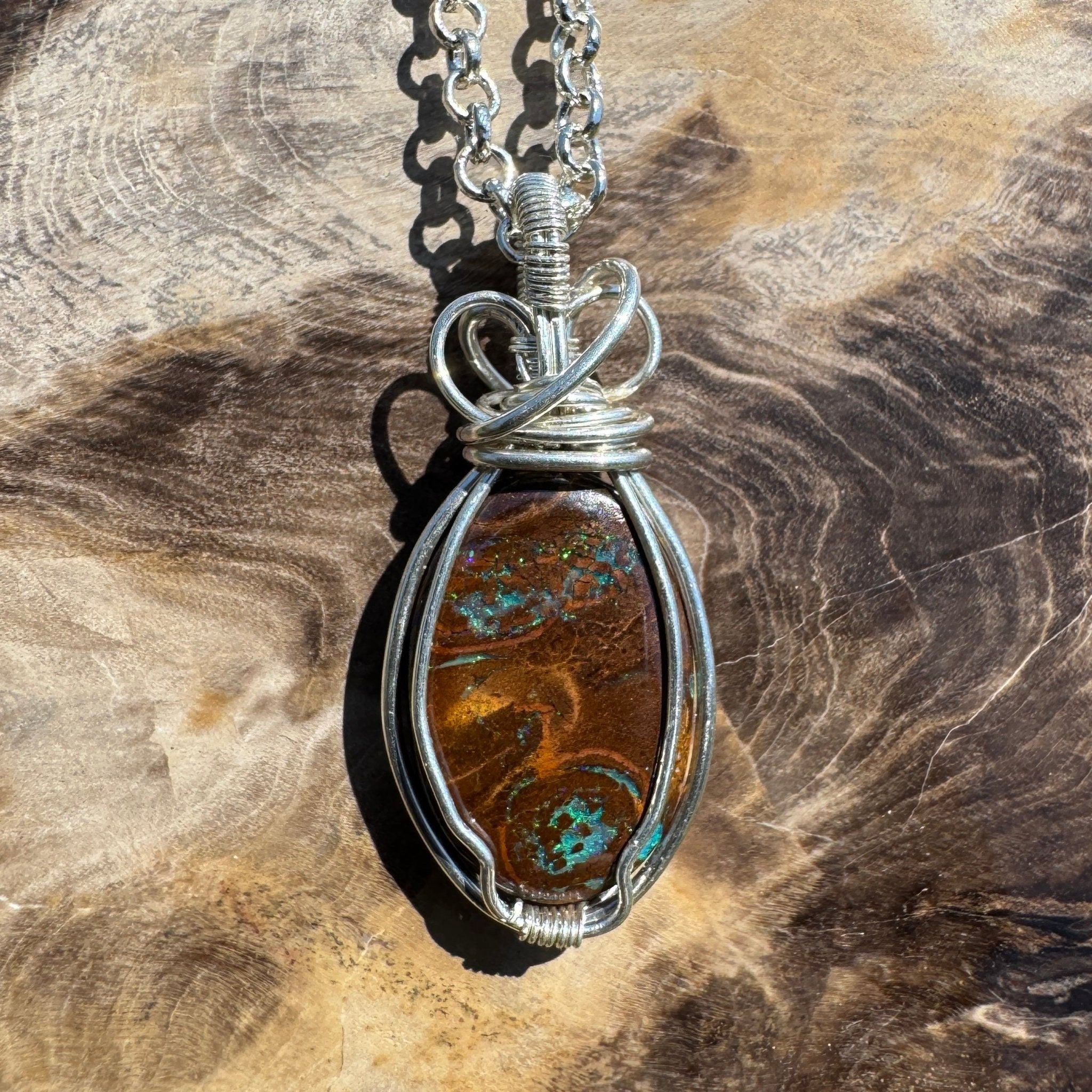 Hawkesbury Flow ~ 12ct Solid Queensland Boulder Opal 925 Sterling Silver Wire Wrap Pendant